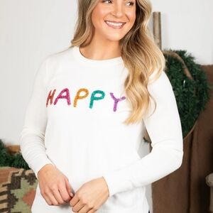 Staccato White Long Sleeve Top with Multicolor 'Happy' Design